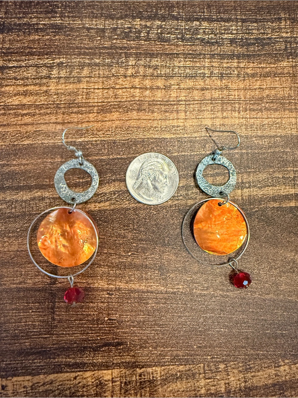 Handmade Orange Shell Drop Earrings with Red Bead Accent